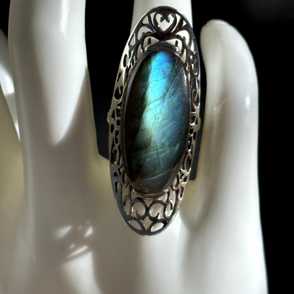 925 Sterling Silver Vintage HUGE Tall Labradorite Large Gemstone Ring Size 6.75 - Picture 2 of 14
